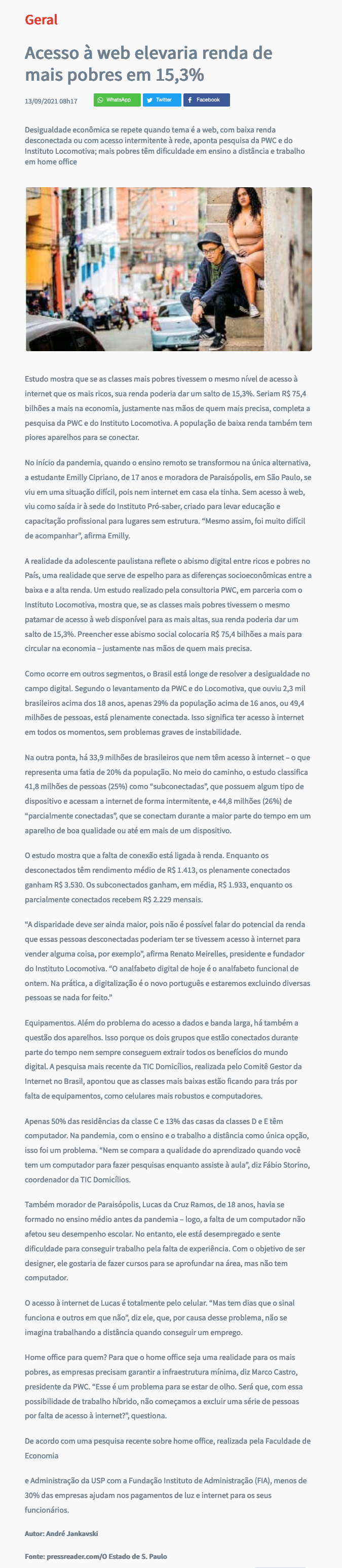 Acesso à Web elevaria renda de mais pobres em 15,3%